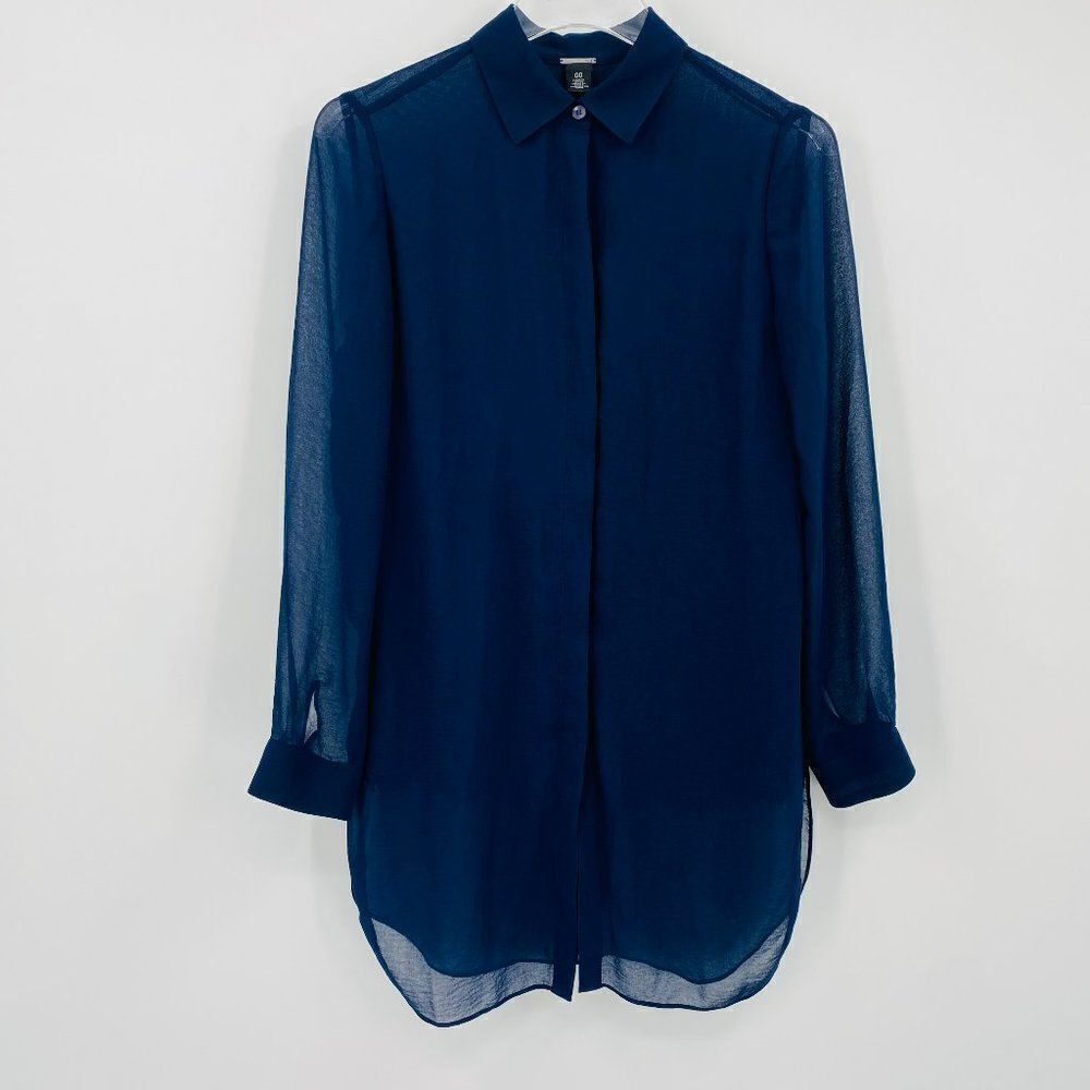 Chico's Size 00 XS Navy Blue Sheer Lace-Inset Long Sleeve Tunic Top Blouse